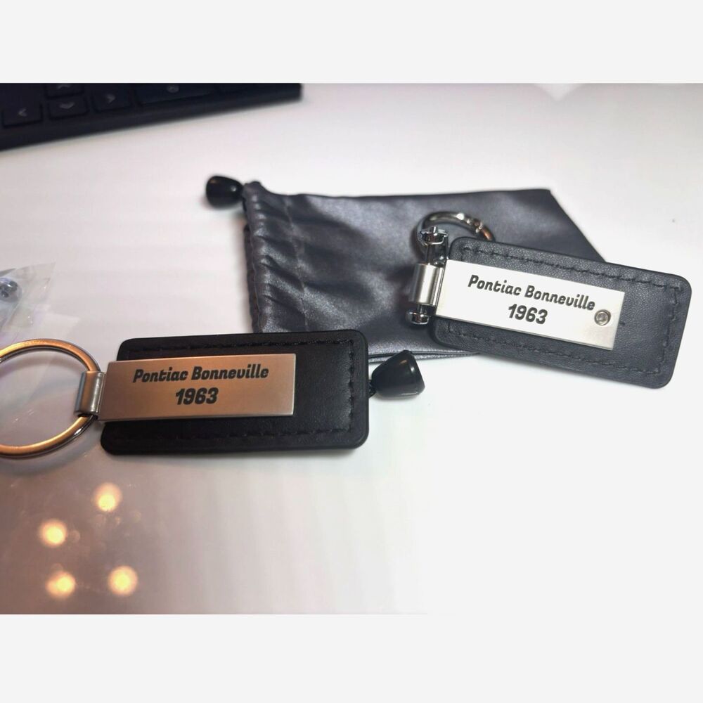 Pontiac Bonneville 1963 Keychain Key Fob Set of 2 Black Leather Look w/Pouch